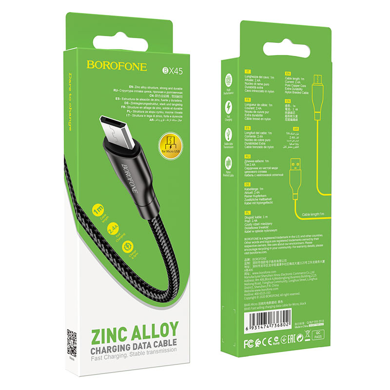 borofone bx45 fast selling charging data cable for micro usb package black